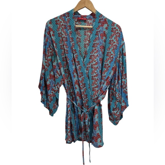 Josie Natori Rayon Colorful Floral Asian Attached Belt Kimono Robe - Size Small - Picture 1 of 11